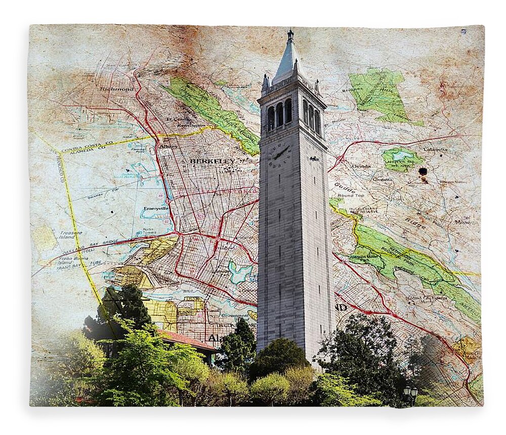 Berkeley Fleece Blanket featuring the digital art Map of Berkeley, California, on old paper with the Sather Tower by Nicko Prints