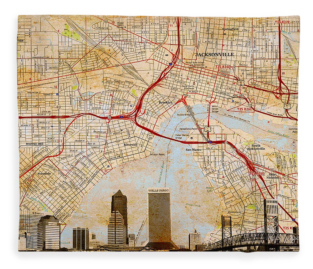 Map Fleece Blanket featuring the digital art Map of Downtown Jacksonville, Florida, and skyline blended on old paper by Nicko Prints
