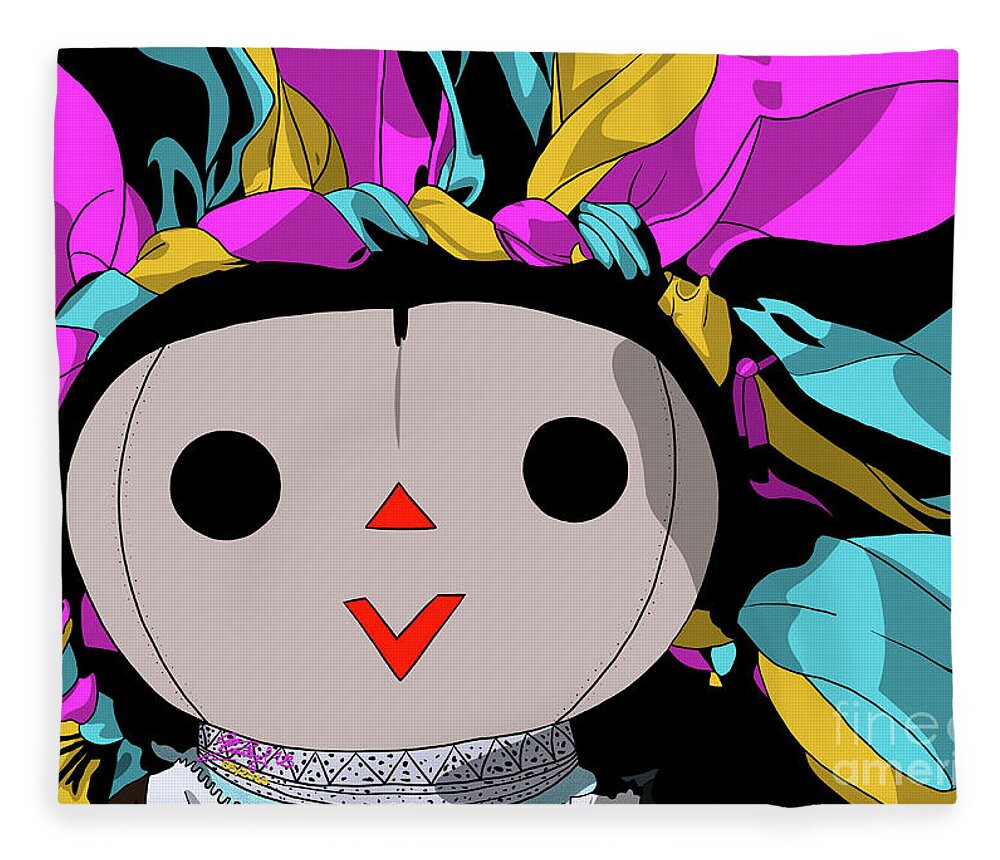 Mazahua Fleece Blanket featuring the digital art Maria Doll yellow pink turquoise by Marisol VB