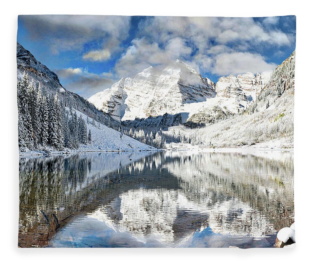 Colorado Fleece Blanket featuring the photograph Snow covered Maroon Bells in Aspen, Colorado. by Lena Owens - OLena Art Vibrant Palette Knife and Graphic Design