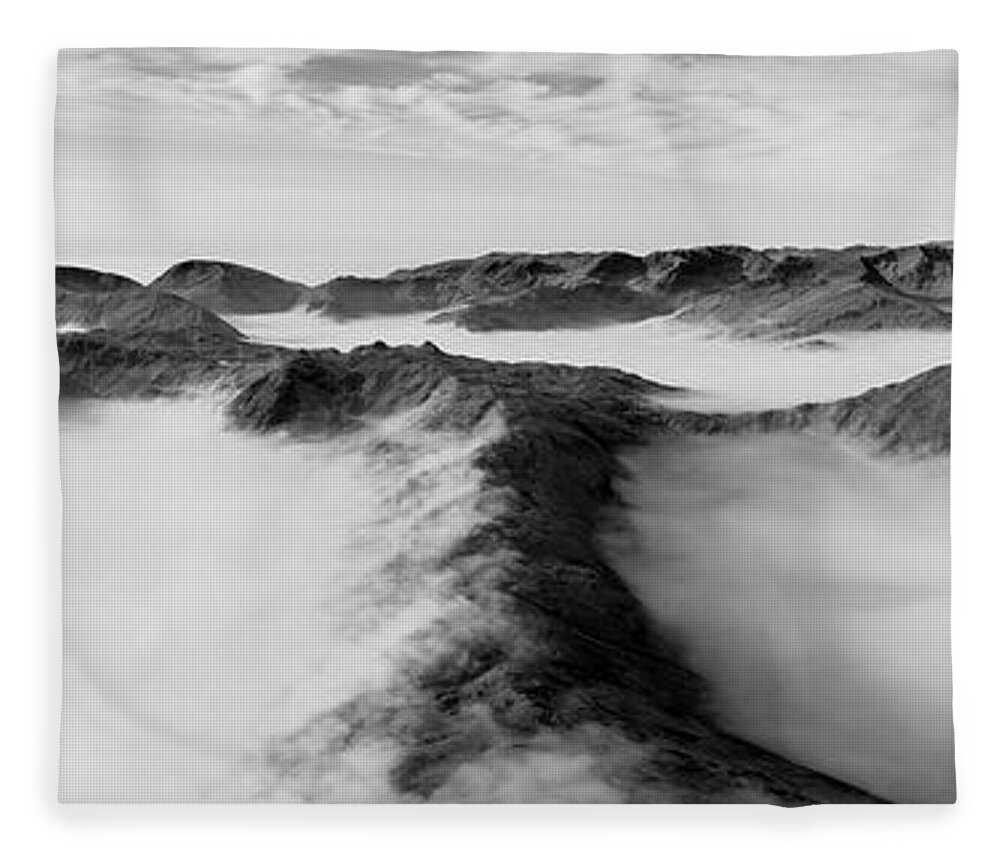 Panorama Fleece Blanket featuring the photograph Martindale Ullswater Cloud Inversion Aerial Lake district black and white by Sonny Ryse