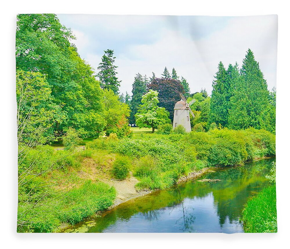 Water Fleece Blanket featuring the photograph Marymoor Park Windmill by Bill TALICH
