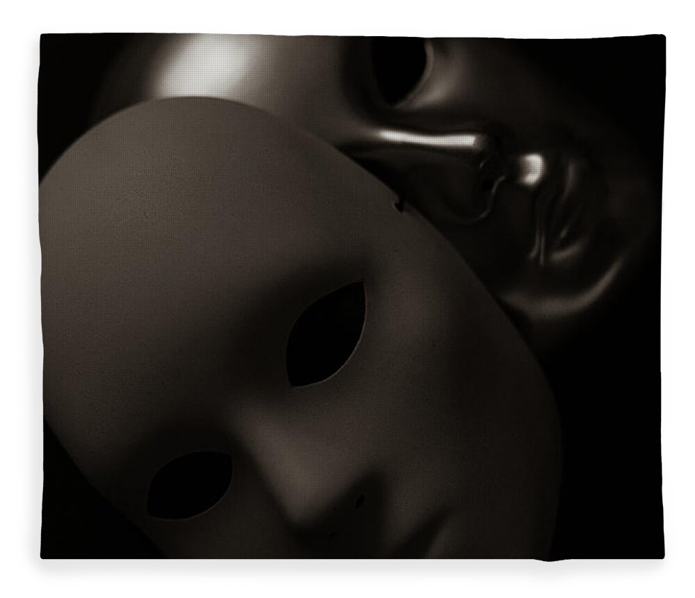 Mask Fleece Blanket featuring the photograph Masks on Black by Amelia Pearn