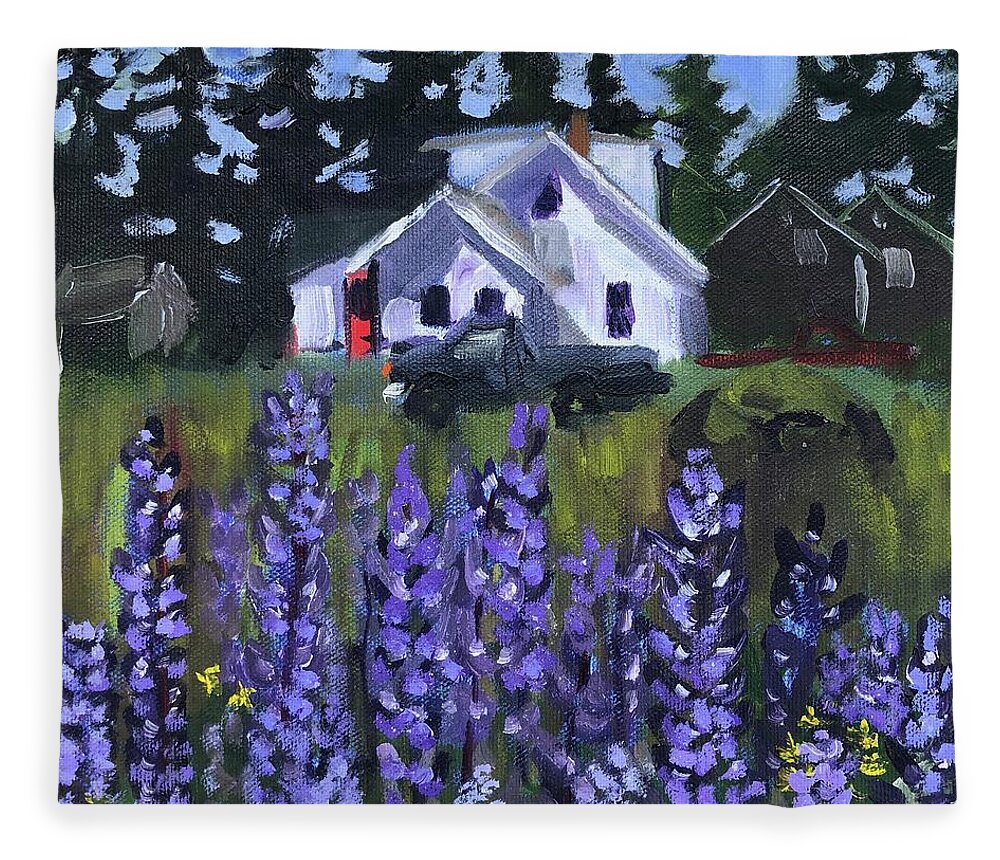 Maine Fleece Blanket featuring the painting Matinicus House with Lupine by Cyndie Katz
