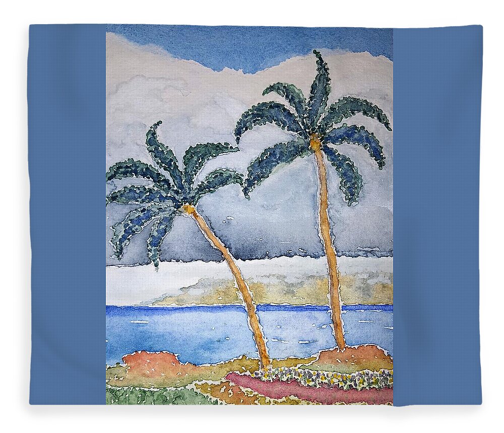 Watercolor Fleece Blanket featuring the painting Maui Palms by John Klobucher