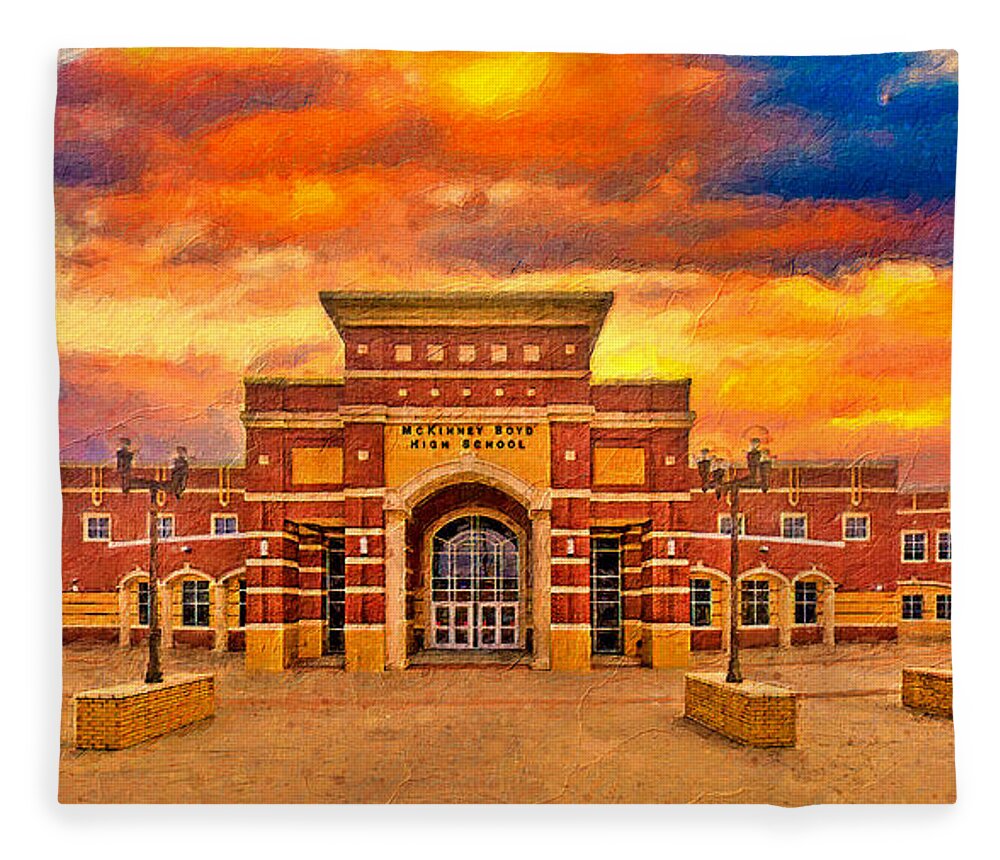 Mckinney Boyd High School Fleece Blanket featuring the digital art McKinney Boyd High School at sunset - digital painting by Nicko Prints