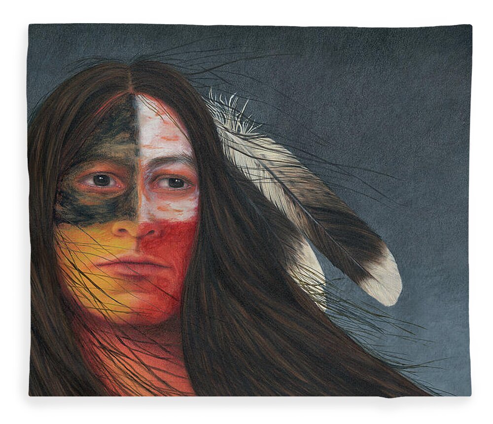 Native American; American Indian; Eagle Feathers; Medicine Wheel; Long Flowing Hair Fleece Blanket featuring the painting Medicine Man by Valerie Evans