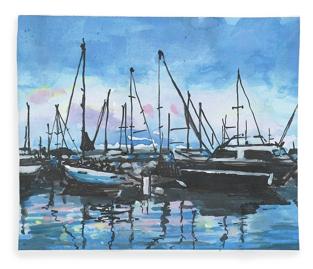 Boats Fleece Blanket featuring the painting Meeting at Sunset by Eileen Backman