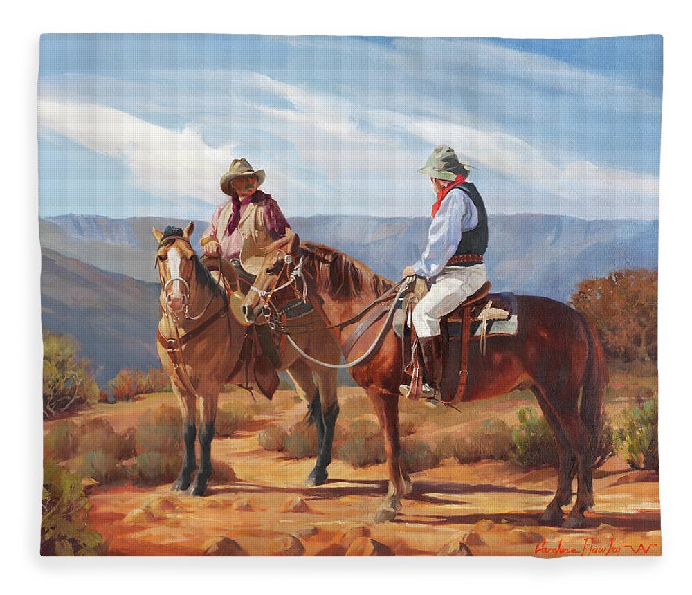 Western Art Fleece Blanket featuring the painting Meeting on Rim Trail by Carolyne Hawley
