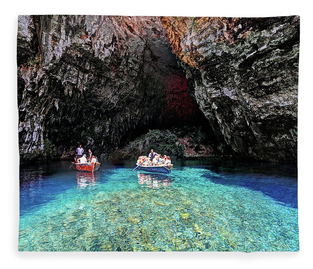 Azure Fleece Blanket featuring the photograph Melissani lake in Kefalonia, Greece by Constantinos Iliopoulos