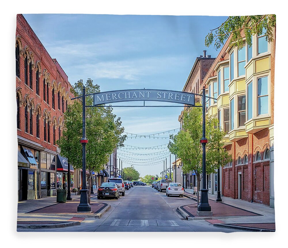 Merchant Street Arch Fleece Blanket featuring the photograph Merchant Street Arch - Decatur, Illinois by Susan Rissi Tregoning