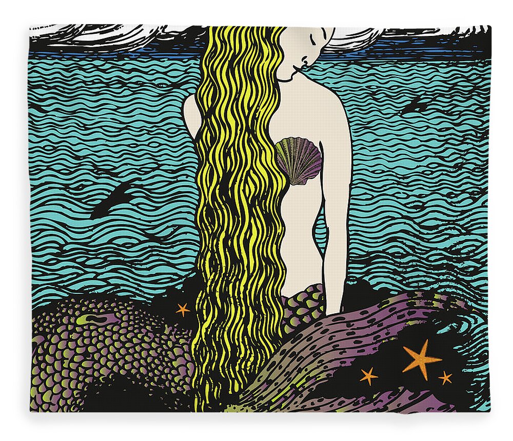 Mermaids Fleece Blanket featuring the digital art Mermaid by the Ocean by Eclectic at Heart