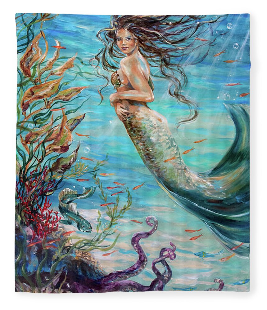 Mermaid Fleece Blanket featuring the painting Mermaid Neighbors by Linda Olsen