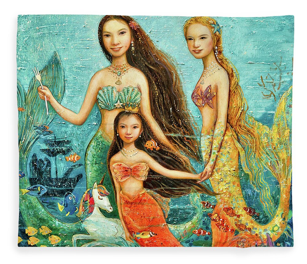 Mermaid Fleece Blanket featuring the painting Mermaid Sisters by Shijun Munns