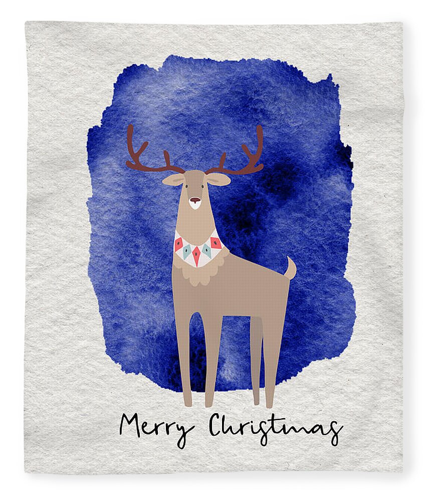 Merry Christmas Fleece Blanket featuring the painting Merry Christmas Blue Watercolor Deer by Modern Art