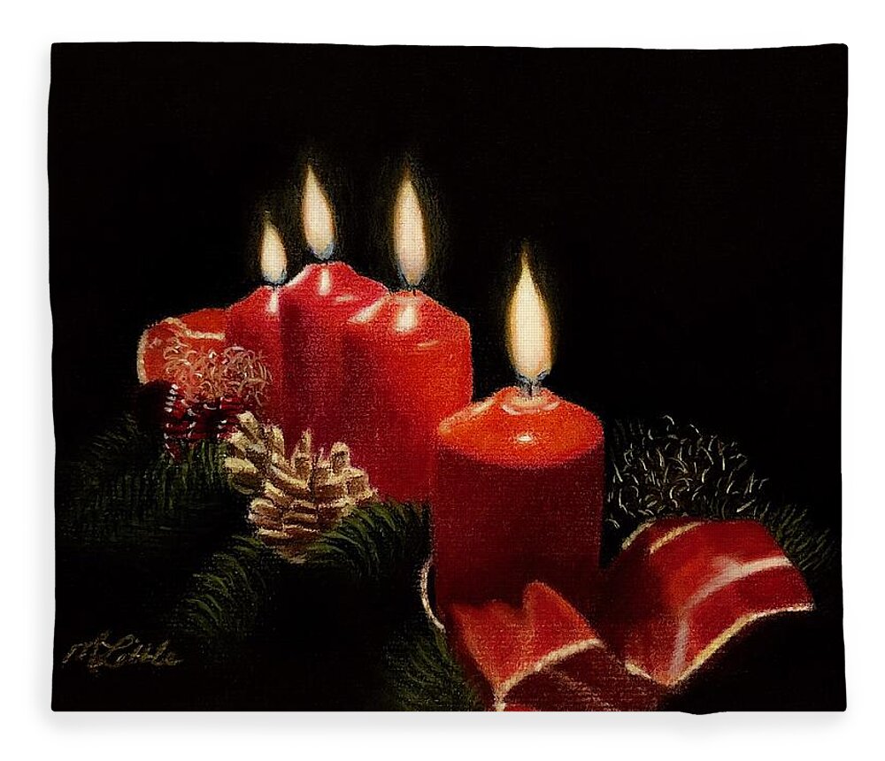 Candles Fleece Blanket featuring the pastel Merry Christmas by Marlene Little