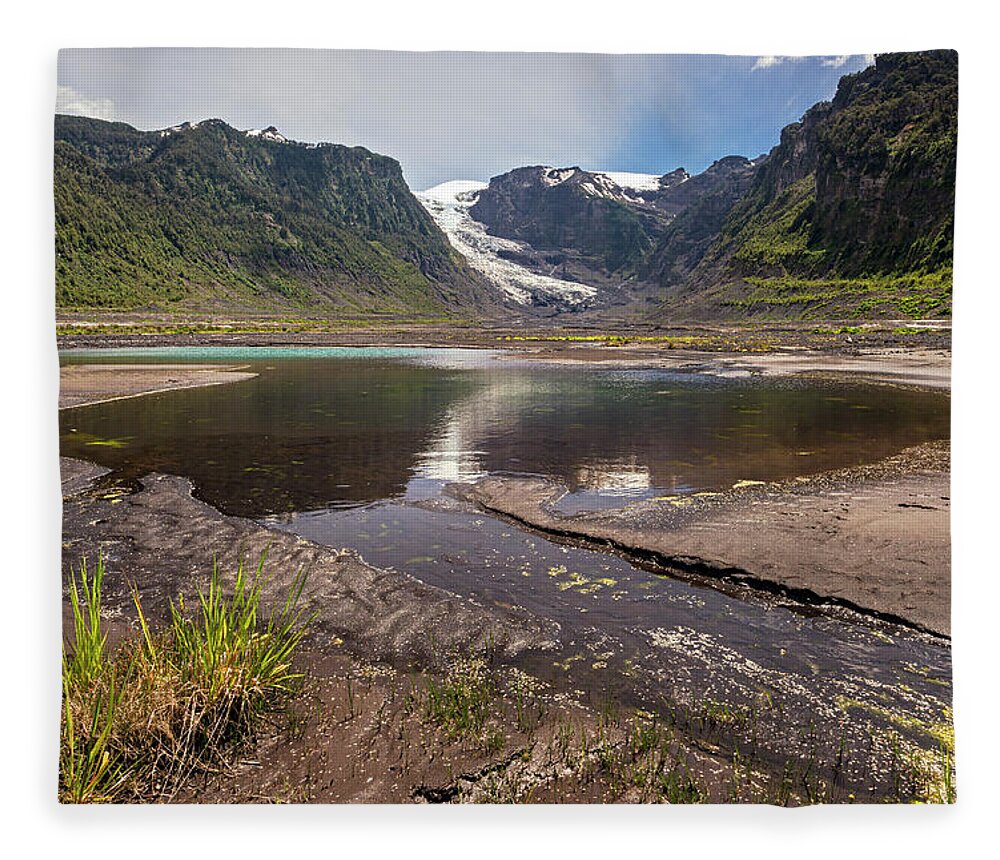 Chile Fleece Blanket featuring the photograph Michinmahuida glacier with pond reflexion by Henri Leduc
