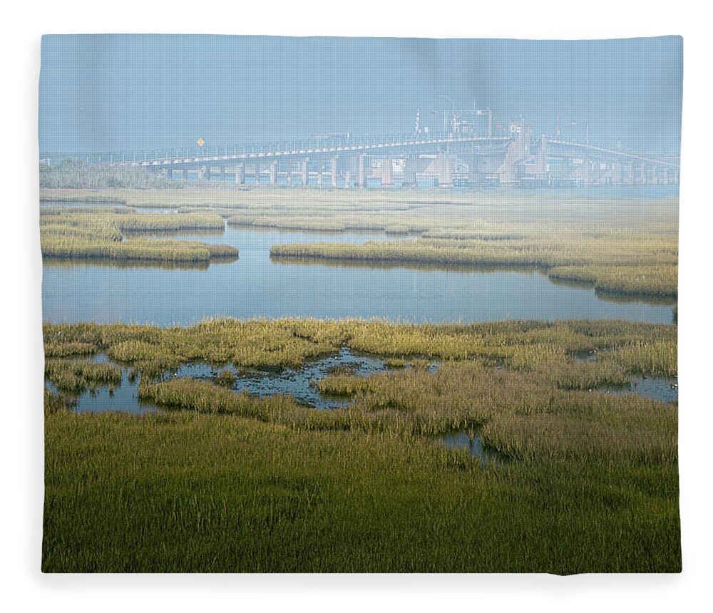 Arched Fleece Blanket featuring the photograph Middle Thorofare Bridge Light Mist by Jason Fink