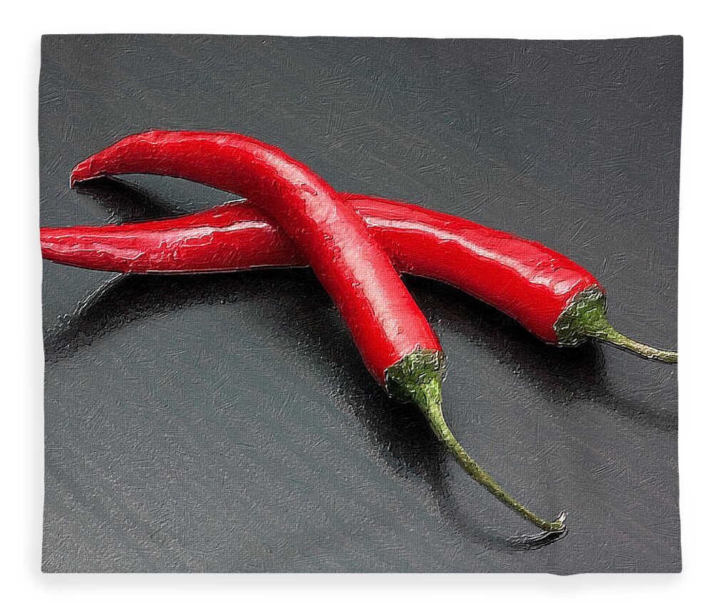 Spices Fleece Blanket featuring the painting Mild Medium Hot Fire Breathing Red Chili Peppers by Tony Rubino