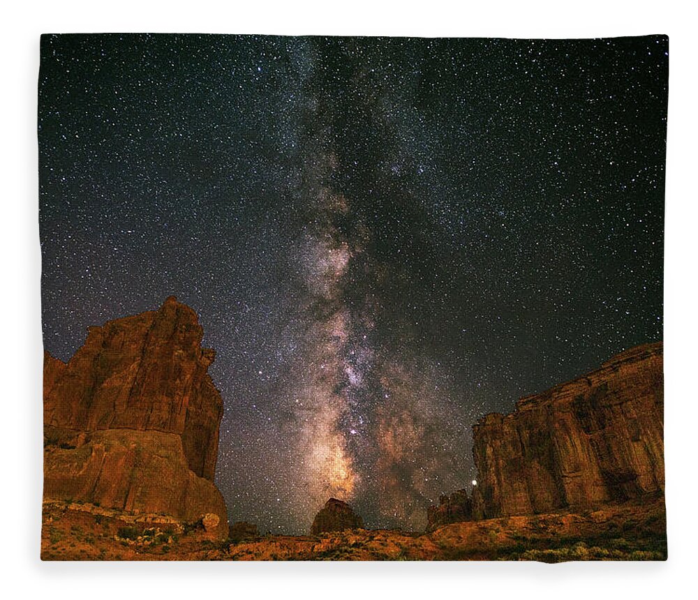 Arches National Park Fleece Blanket featuring the photograph Milky Way at Courthouse Towers by Dan Norris