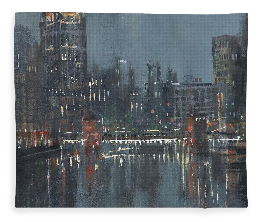 Milwaukee Fleece Blanket featuring the painting Milwaukee Riverwalk by Tom Shropshire