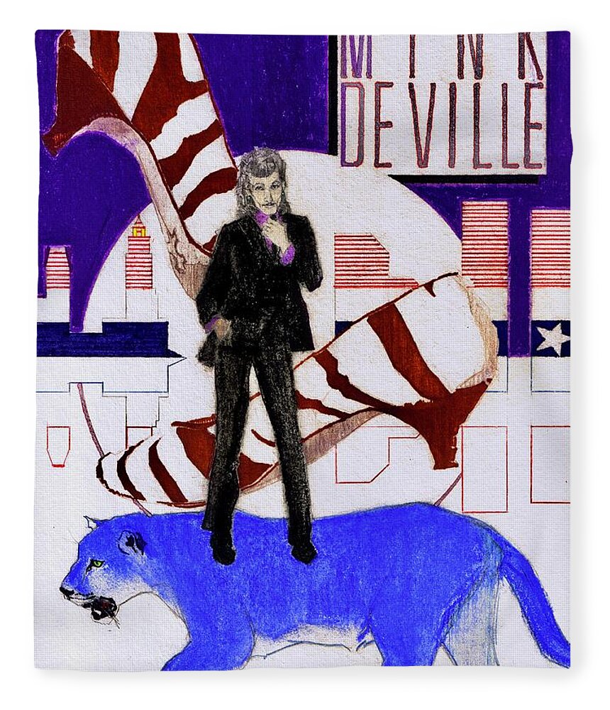 Willy Deville Fleece Blanket featuring the drawing Mink DeVille - Le Chat Bleu by Sean Connolly