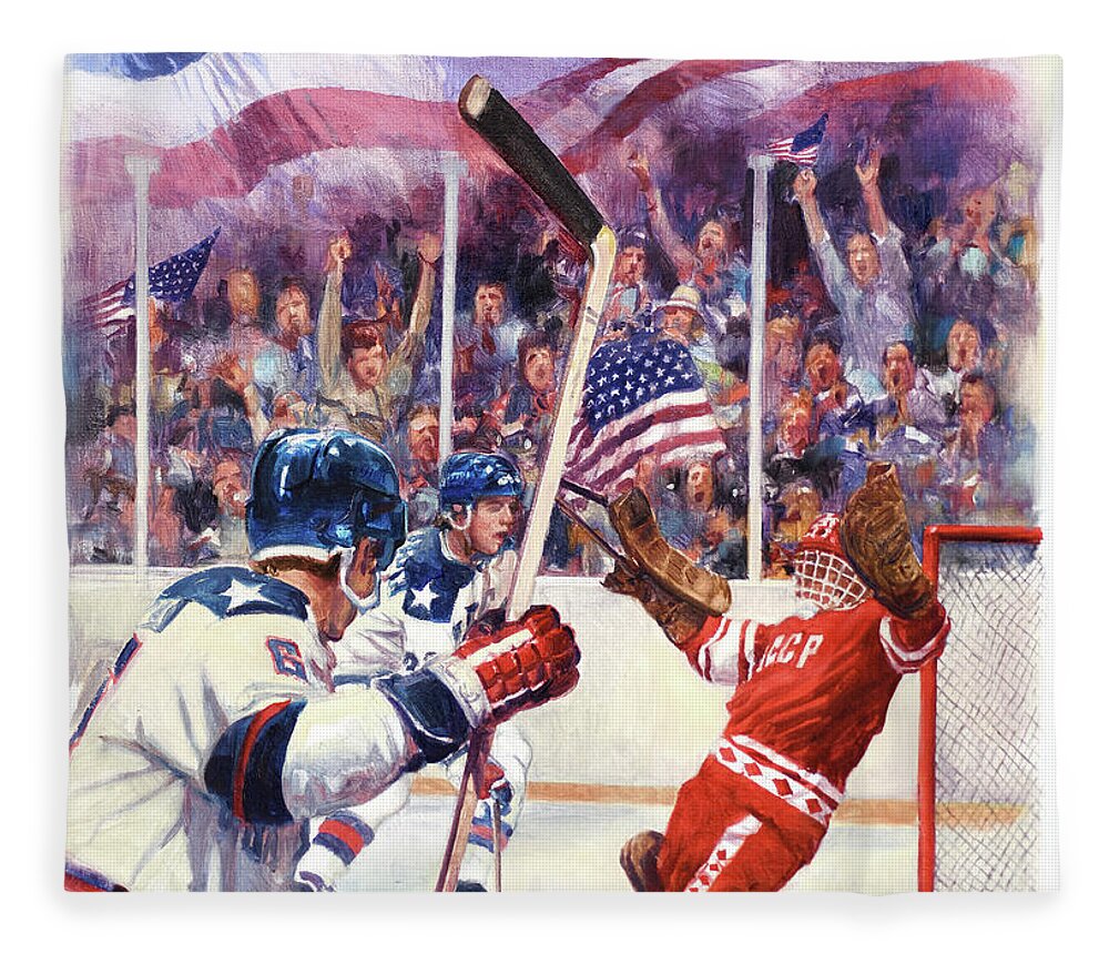 Dennis Lyall Fleece Blanket featuring the painting Miracle On Ice - USA Olympic Hockey Wins Over USSR by Dennis Lyall