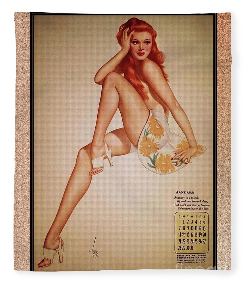 Miss January Fleece Blanket featuring the painting Miss January Varga Girl 1944 Pin-up Calendar by Alberto Vargas Vintage Pin-Up Girl Art by Rolando Burbon