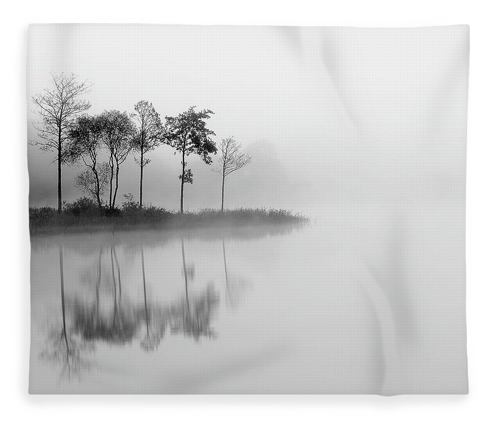 Loch Ard Mist Fleece Blanket featuring the photograph Misty Trees - Loch Ard by Grant Glendinning