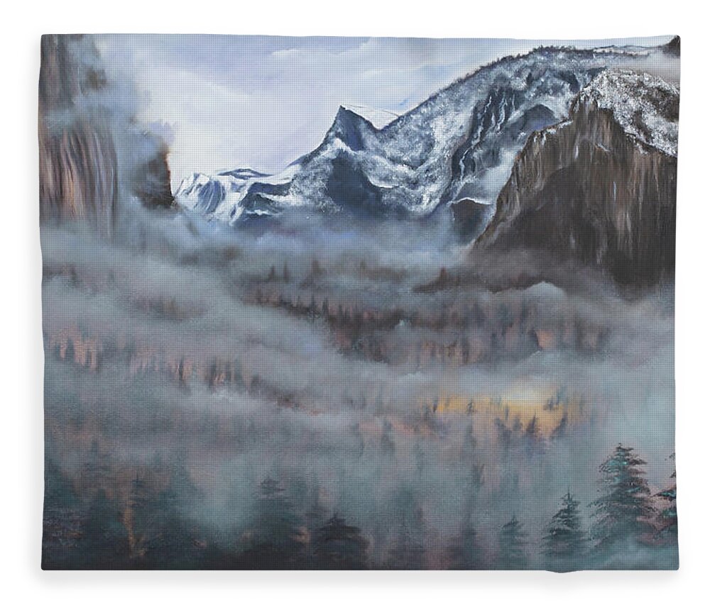 Yosemite Fleece Blanket featuring the painting Misty Vale by Neslihan Ergul Colley