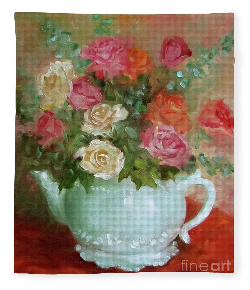 Red Roses Fleece Blanket featuring the painting Mixed Rose Bouquet in Turquoise Vase by Cheri Wollenberg