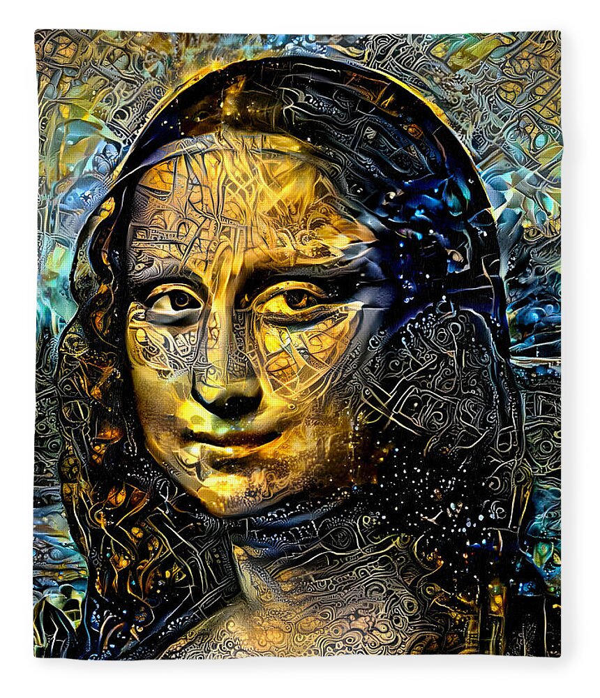 Mona Lisa Fleece Blanket featuring the digital art Mona Lisa by Leonardo da Vinci - golden night design by Nicko Prints
