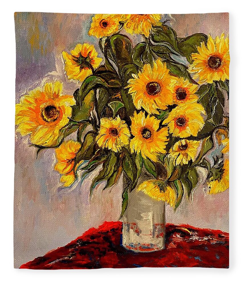 Sunflowers Fleece Blanket featuring the painting Monets Sunflowers by Anitra by Anitra Handley-Boyt