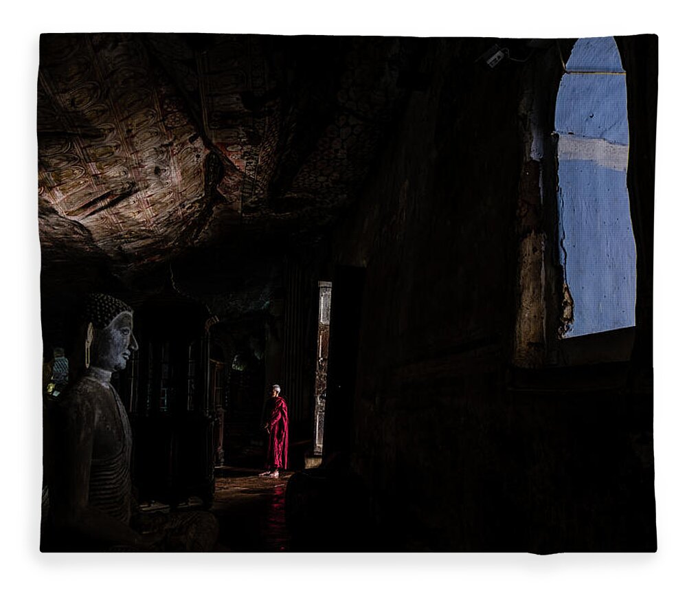 Cave Fleece Blanket featuring the photograph Monk at Dambulla Cave Temple by Arj Munoz