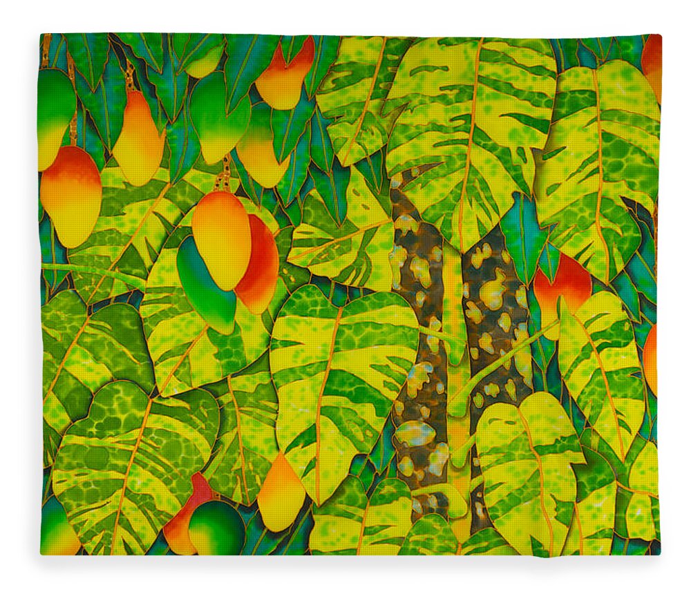 Monstera Plant Fleece Blanket featuring the painting Monstera and Mango by Daniel Jean-Baptiste