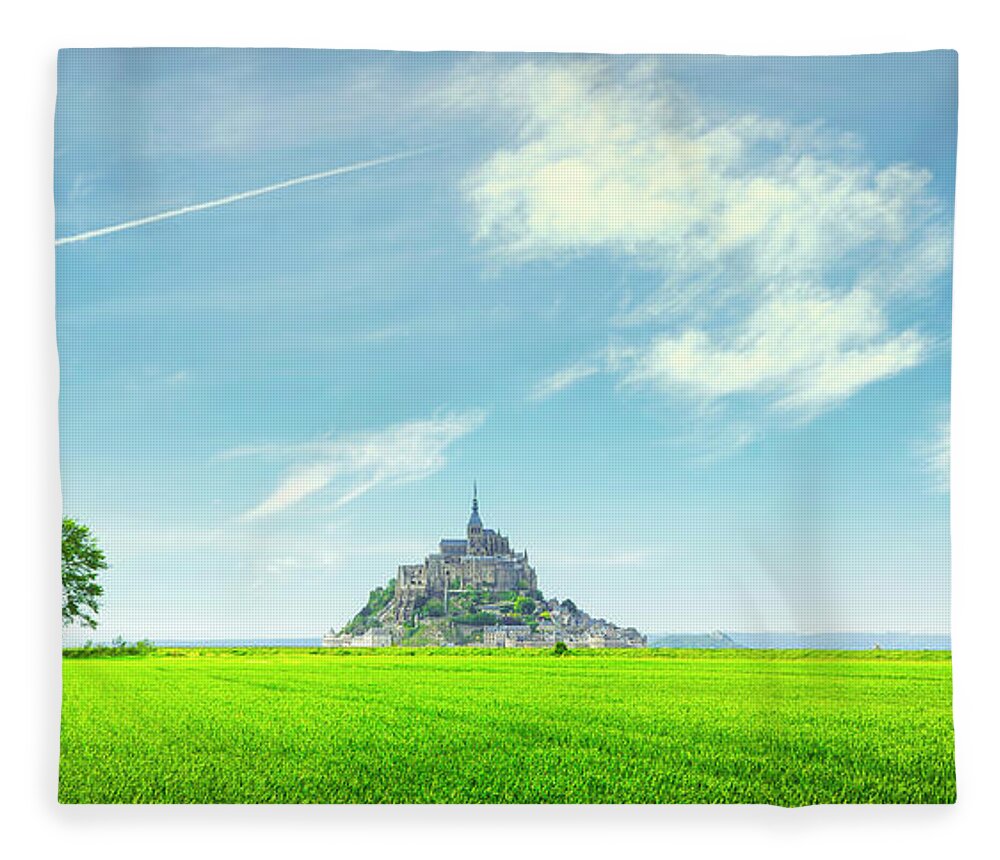 Mont Saint Michel Fleece Blanket featuring the photograph Mont Saint Michel, trees and clouds by Stefano Orazzini
