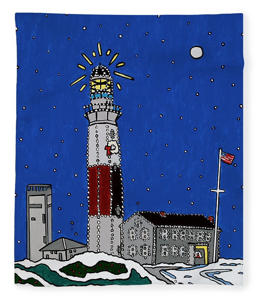 Montauk Lighthouse Christmas Fleece Blanket featuring the painting Montauk Christmas Lights by Mike Stanko