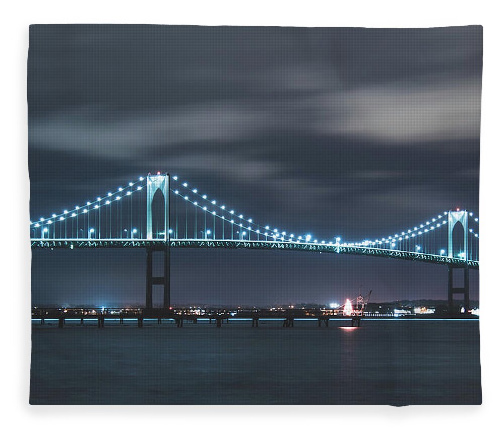 Newport Bridge Fleece Blanket featuring the photograph Moody Skies over the Newport Bridge by Christina McGoran