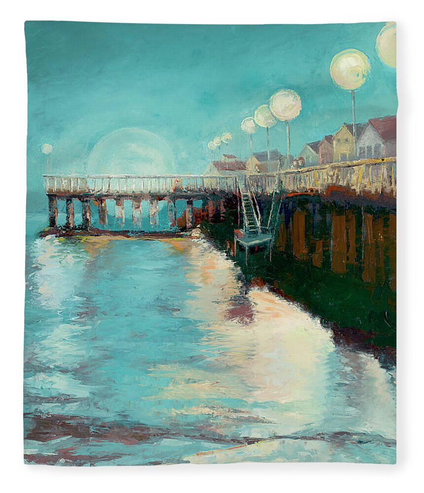 Santa Cruz Fleece Blanket featuring the painting Moon Over Santa Cruz Wharf by PJ Kirk