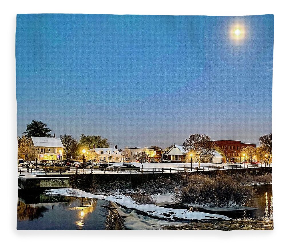  Fleece Blanket featuring the photograph Moon over the Cocheco River by John Gisis