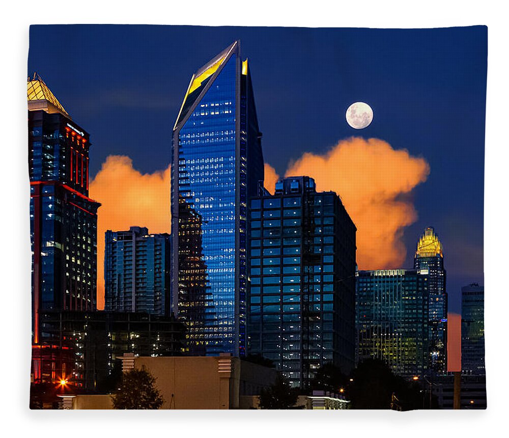 Charlotte Fleece Blanket featuring the digital art Moon over Uptown Charlotte by SnapHappy Photos