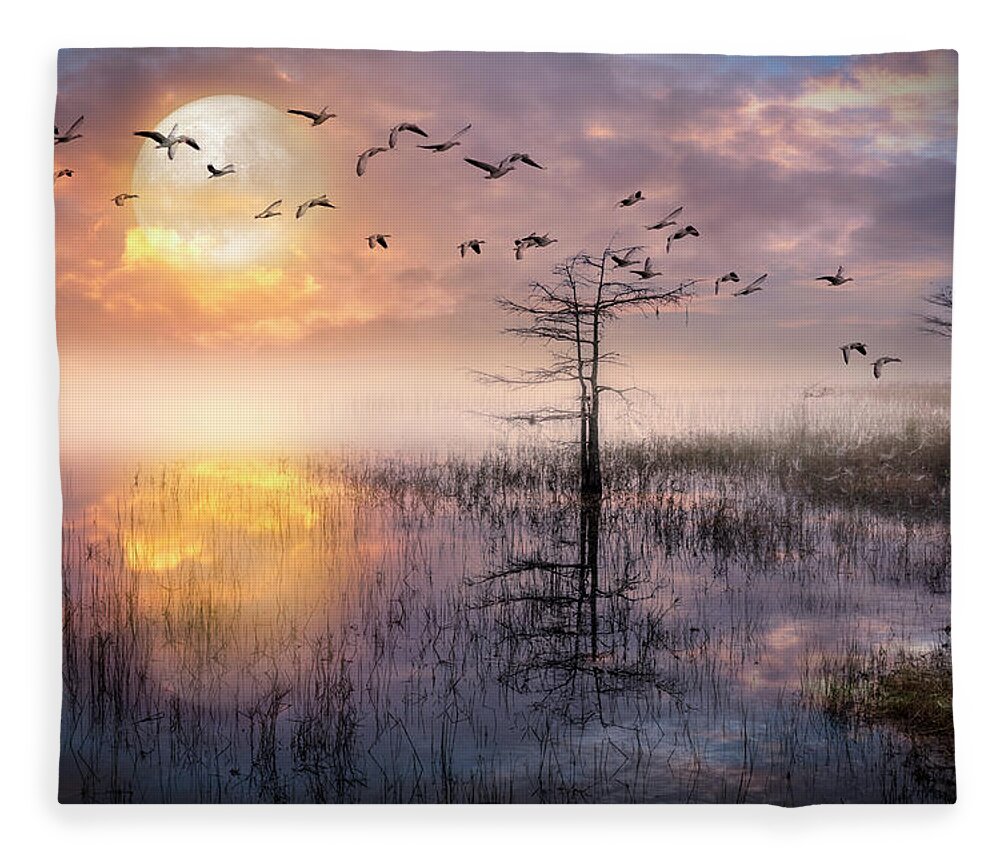 Birds Fleece Blanket featuring the photograph Moon Rise Flight by Debra and Dave Vanderlaan