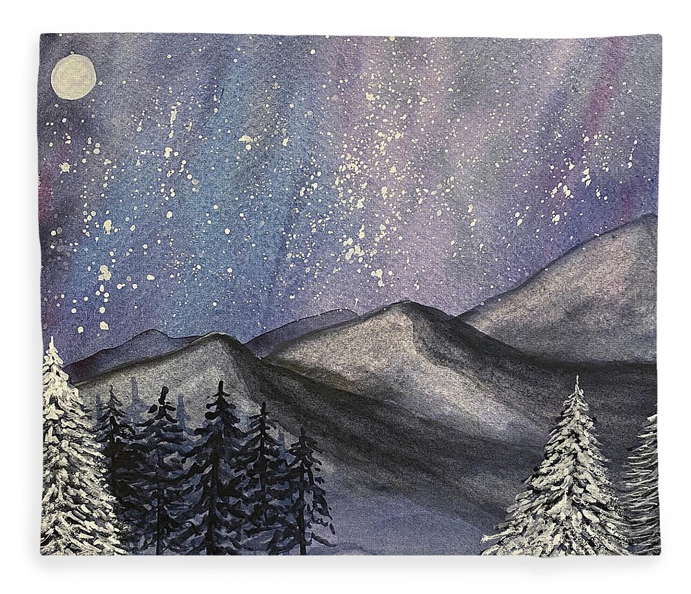 Mountains Fleece Blanket featuring the painting Moonlit Mountains by Lisa Neuman