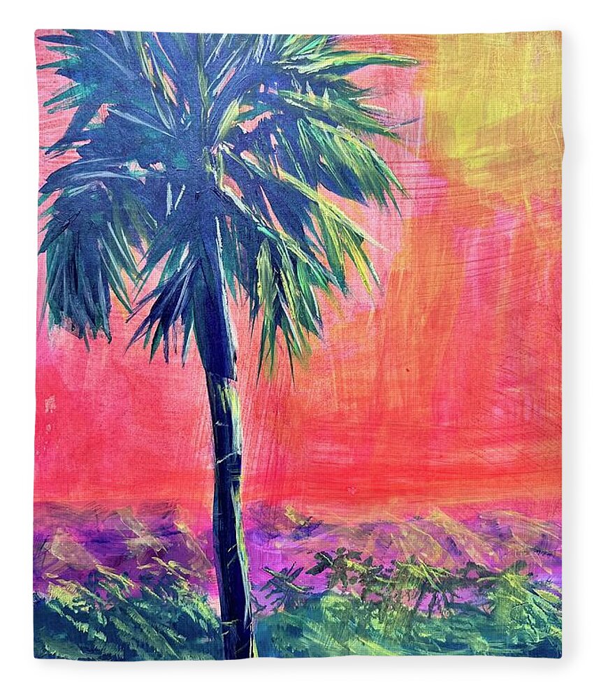 Palm Fleece Blanket featuring the painting Moonlit Palm by Kelly Smith