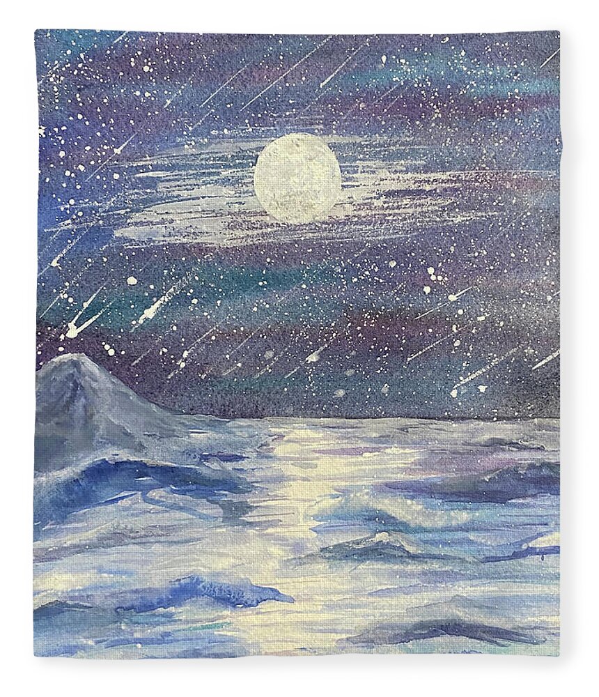 Moon Fleece Blanket featuring the painting Moonlit Sea by Lisa Neuman