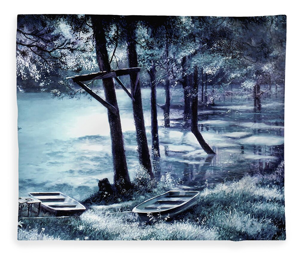 Village Creek Fleece Blanket featuring the painting Moonlite on Village Creek by Randy Welborn