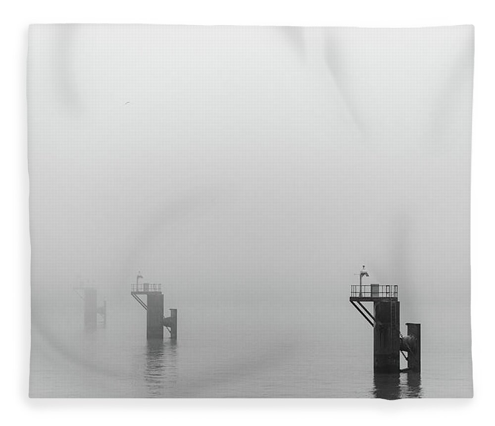 Mooring Fleece Blanket featuring the photograph Mooring Dolphins in the Fog by Gavin Lewis