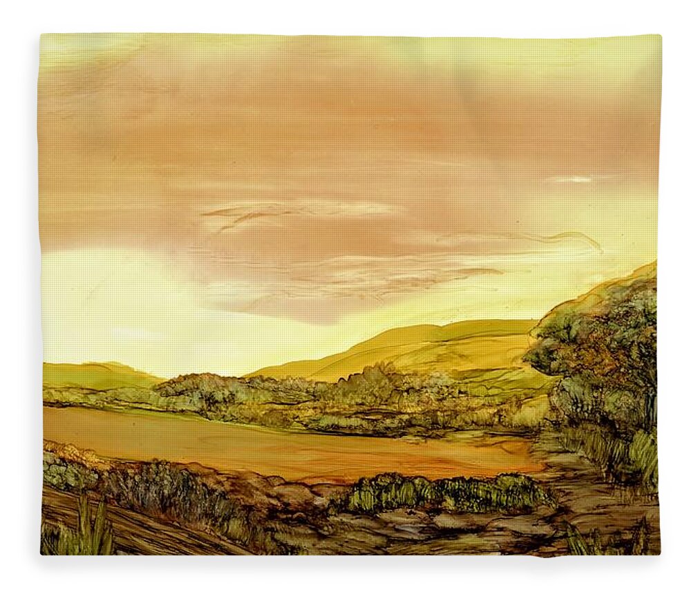 Sun Fleece Blanket featuring the painting Morning at the fence line by Angela Marinari