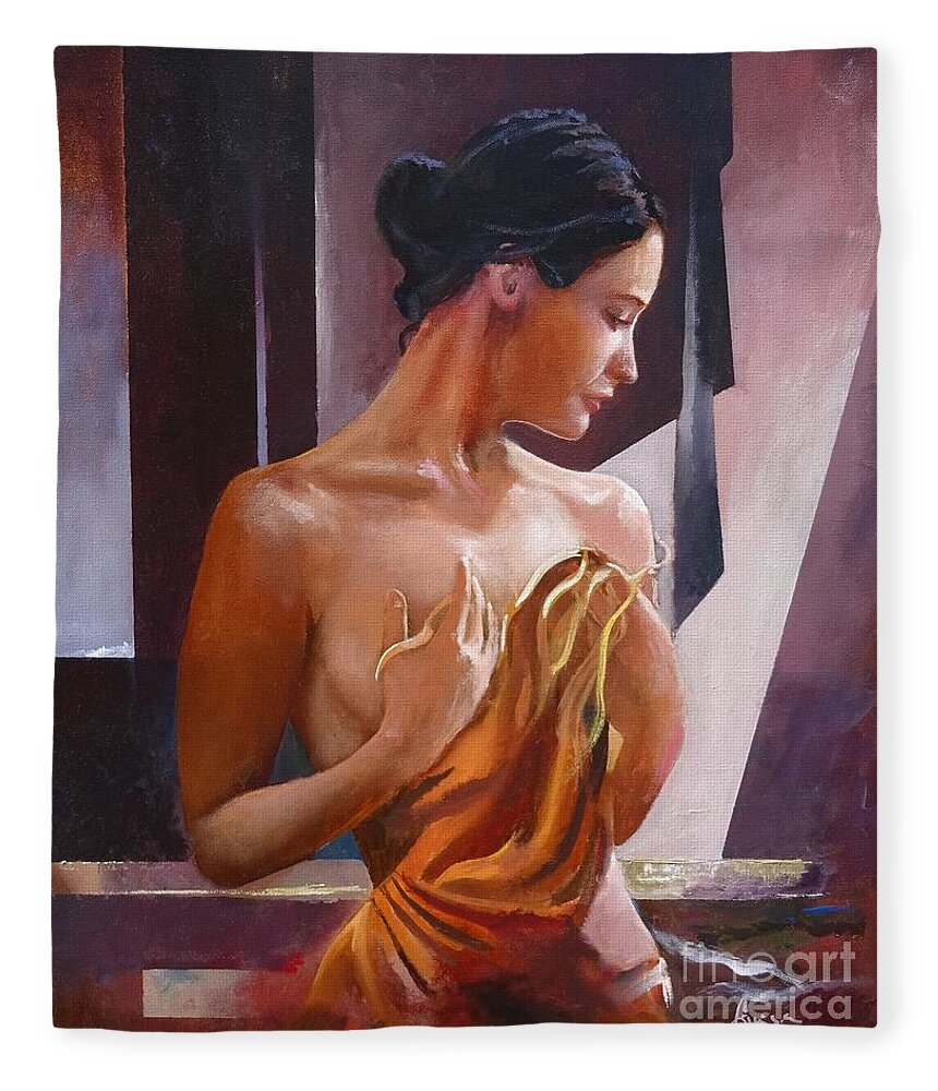 Female Figure Fleece Blanket featuring the painting Morning Beauty by Sinisa Saratlic