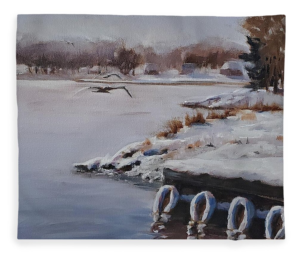 Landscape Fleece Blanket featuring the painting Morning Harbour by Sheila Romard